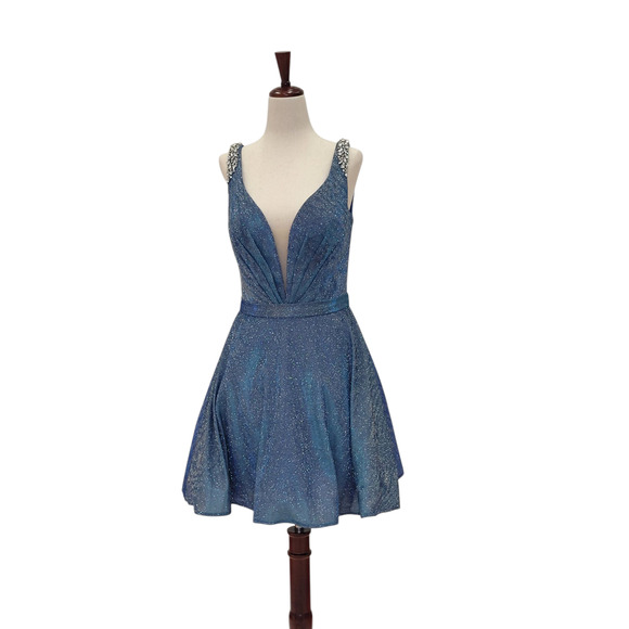 NWT Women's Short A Line Sparkle Gown with Deep V Neck and Jeweled Straps - Picture 2 of 7